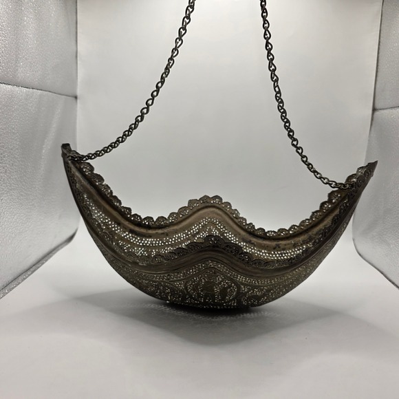 Other - Hanging Indo-Persian Kashkul Beggars Bowl Filigree Metal Etched Hanging Vessel